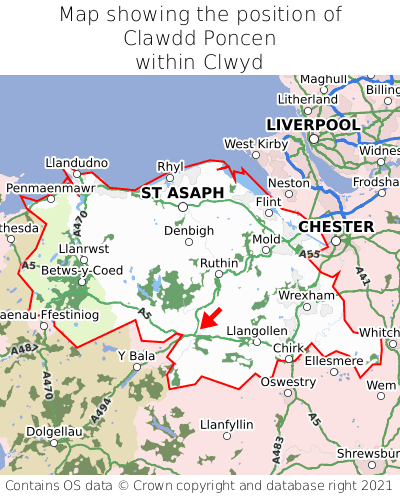 Map showing location of Clawdd Poncen within Clwyd