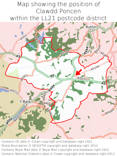 Map showing location of Clawdd Poncen within LL21
