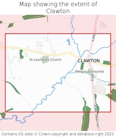 Map showing extent of Clawton as bounding box