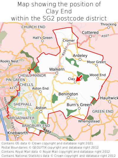 Map showing location of Clay End within SG2