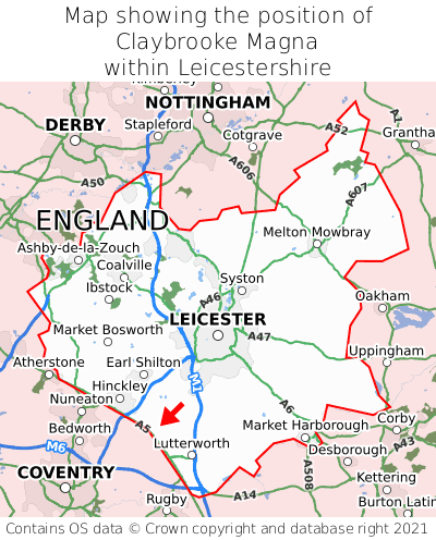 Map showing location of Claybrooke Magna within Leicestershire
