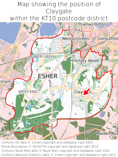 Map showing location of Claygate within KT10