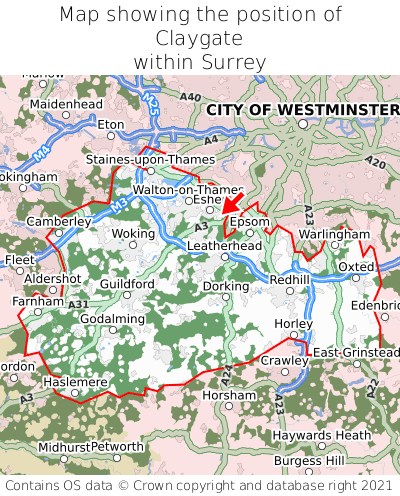 Map showing location of Claygate within Surrey