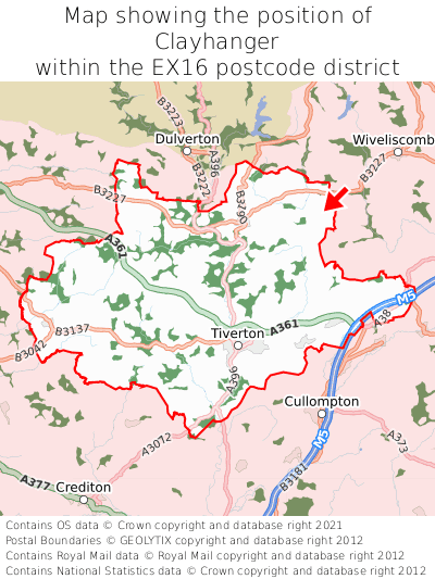 Map showing location of Clayhanger within EX16