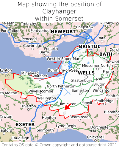 Map showing location of Clayhanger within Somerset