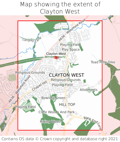 Map showing extent of Clayton West as bounding box