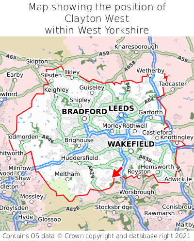 Map showing location of Clayton West within West Yorkshire