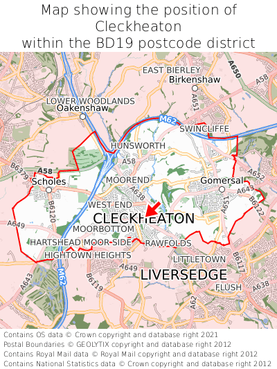 Map showing location of Cleckheaton within BD19