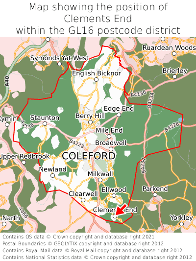 Map showing location of Clements End within GL16