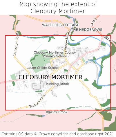Map showing extent of Cleobury Mortimer as bounding box