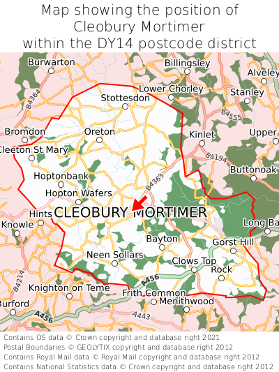 Map showing location of Cleobury Mortimer within DY14