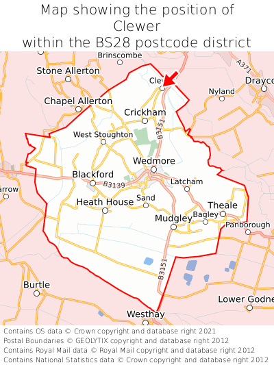 Map showing location of Clewer within BS28