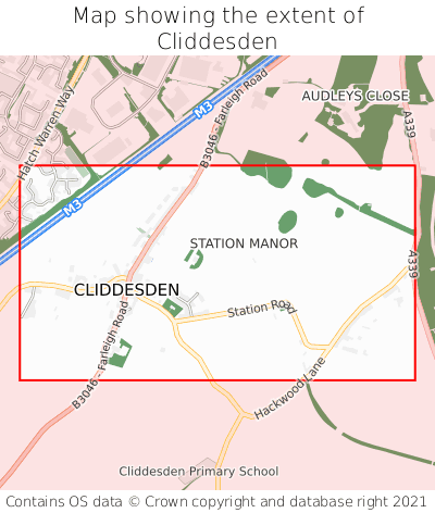 Map showing extent of Cliddesden as bounding box