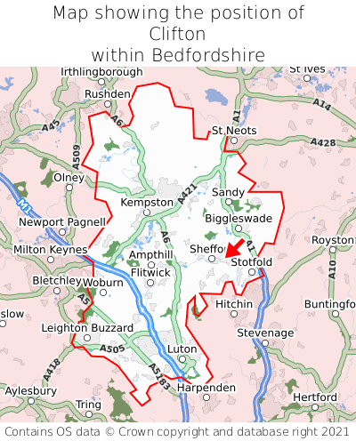 Map showing location of Clifton within Bedfordshire