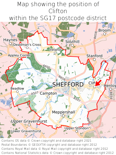 Map showing location of Clifton within SG17