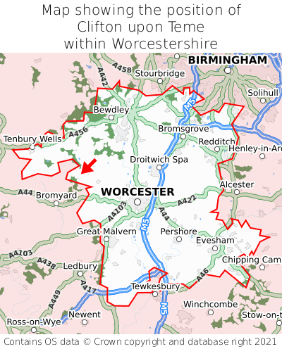 Map showing location of Clifton upon Teme within Worcestershire