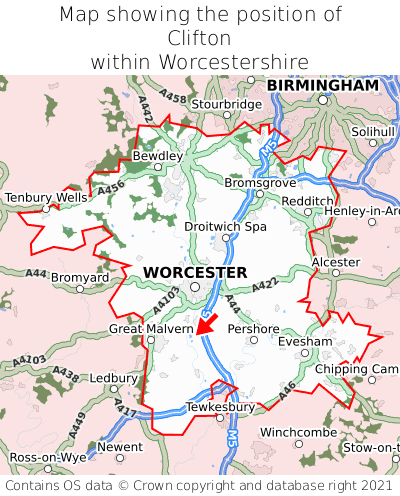Map showing location of Clifton within Worcestershire