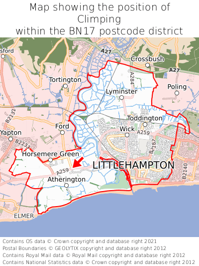 Map showing location of Climping within BN17