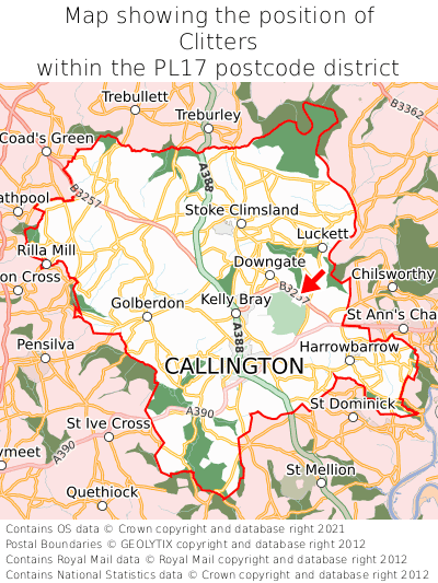 Map showing location of Clitters within PL17