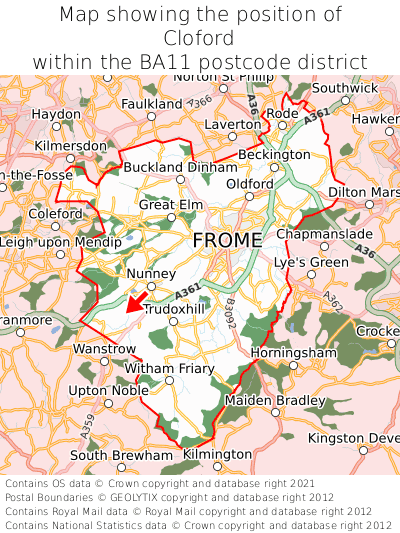 Map showing location of Cloford within BA11