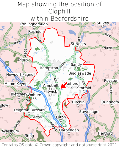 Map showing location of Clophill within Bedfordshire