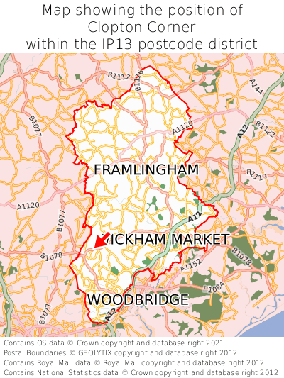 Map showing location of Clopton Corner within IP13