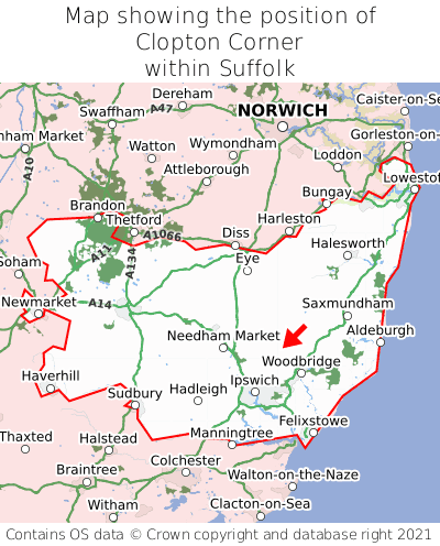Map showing location of Clopton Corner within Suffolk