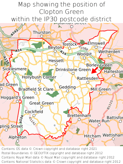 Map showing location of Clopton Green within IP30