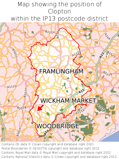 Map showing location of Clopton within IP13