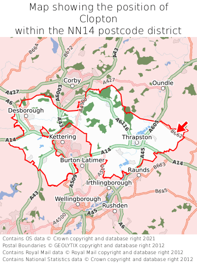 Map showing location of Clopton within NN14