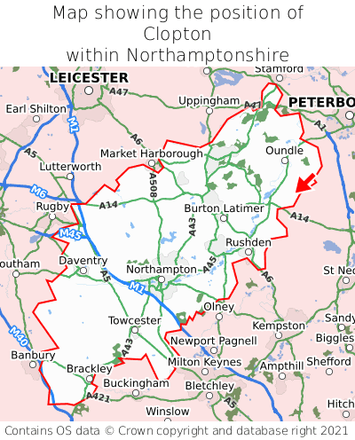 Map showing location of Clopton within Northamptonshire