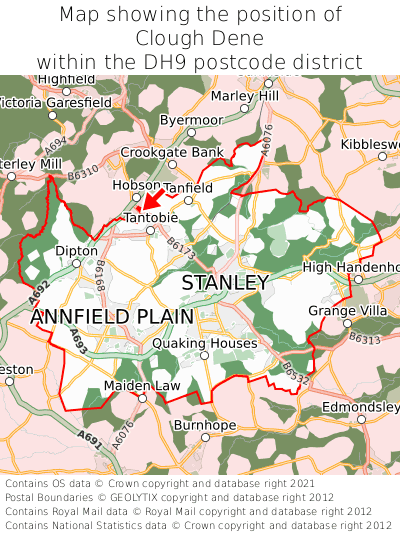 Map showing location of Clough Dene within DH9