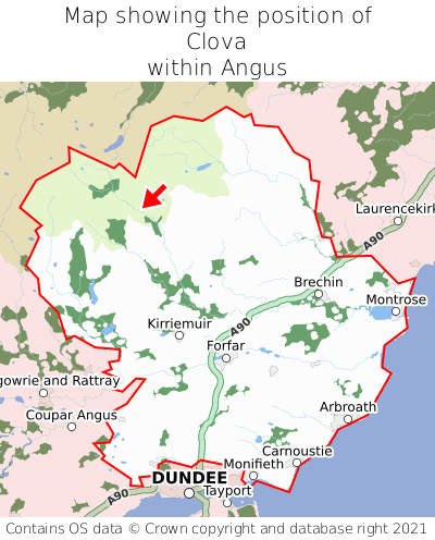 Map showing location of Clova within Angus