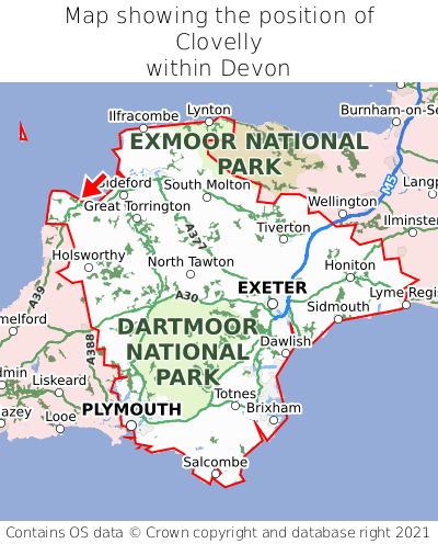 Map showing location of Clovelly within Devon