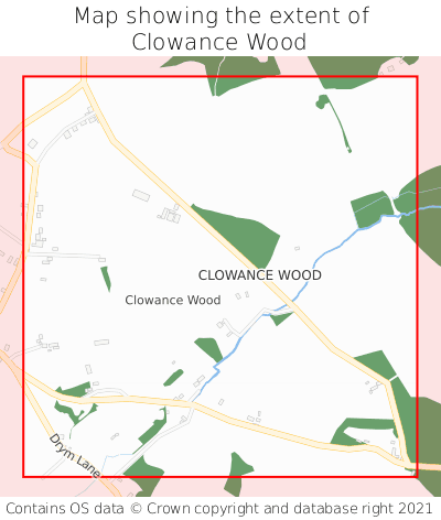 Map showing extent of Clowance Wood as bounding box