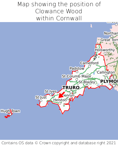 Map showing location of Clowance Wood within Cornwall