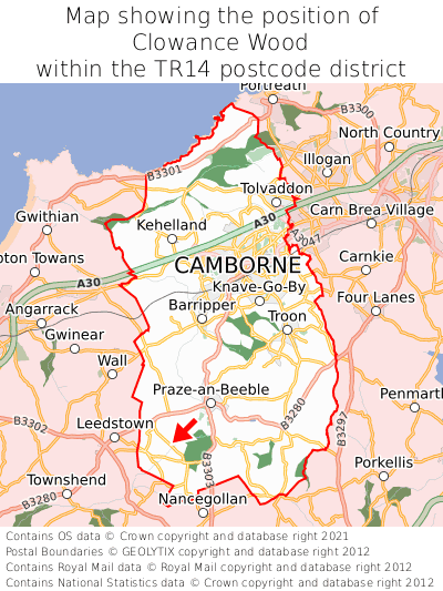 Map showing location of Clowance Wood within TR14