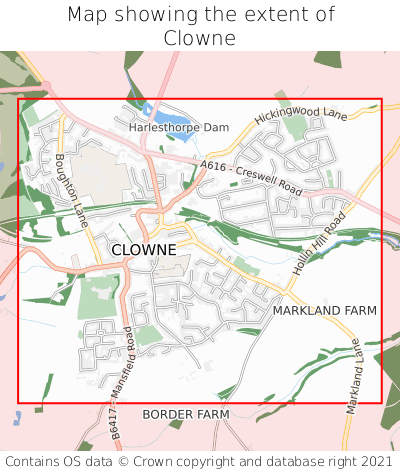 Map showing extent of Clowne as bounding box
