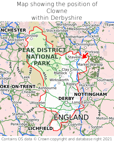 Map showing location of Clowne within Derbyshire