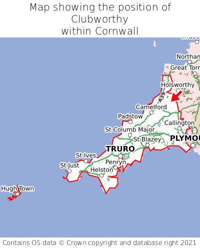 Map showing location of Clubworthy within Cornwall