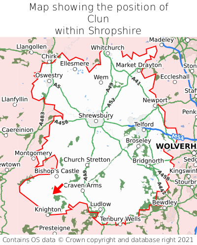 Map showing location of Clun within Shropshire