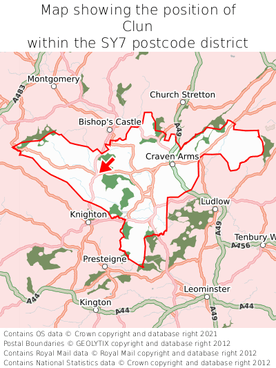 Map showing location of Clun within SY7