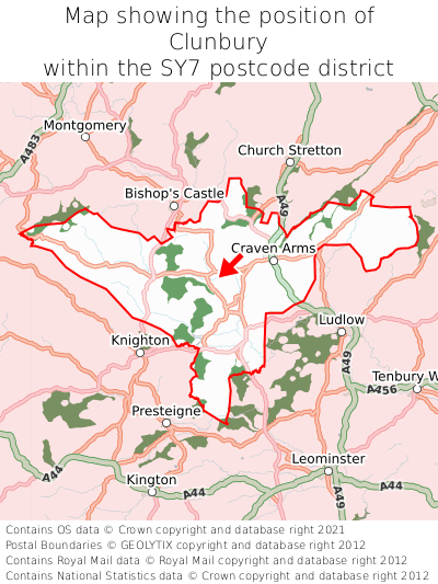 Map showing location of Clunbury within SY7