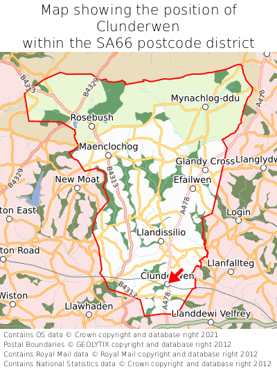 Map showing location of Clunderwen within SA66
