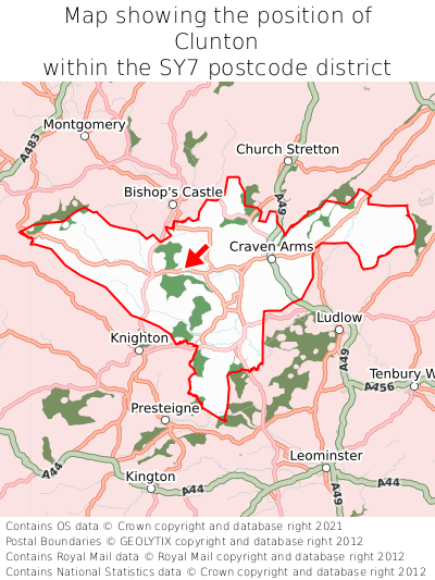 Map showing location of Clunton within SY7
