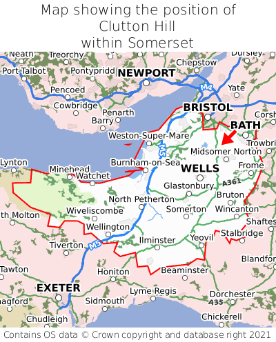 Map showing location of Clutton Hill within Somerset