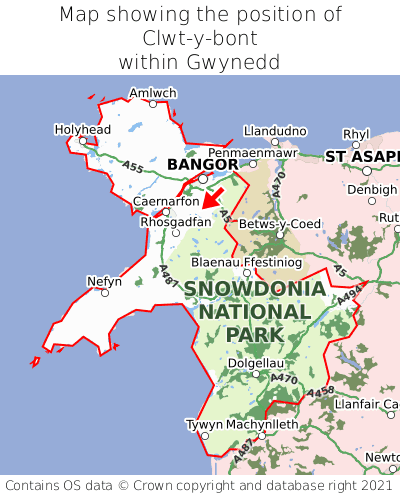 Map showing location of Clwt-y-bont within Gwynedd