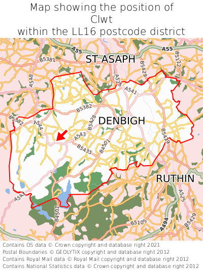 Map showing location of Clwt within LL16