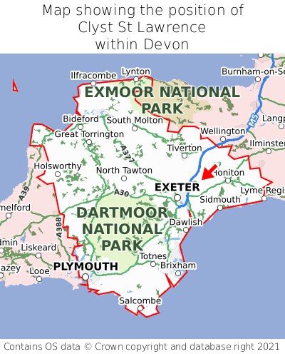 Map showing location of Clyst St Lawrence within Devon
