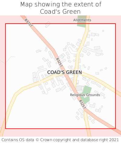 Map showing extent of Coad's Green as bounding box